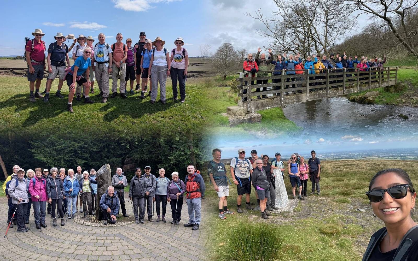 Bolton HF members on walks throughout the year — by the coast, crossing a bridge, gathered round a standing stone, and at a summit trig point